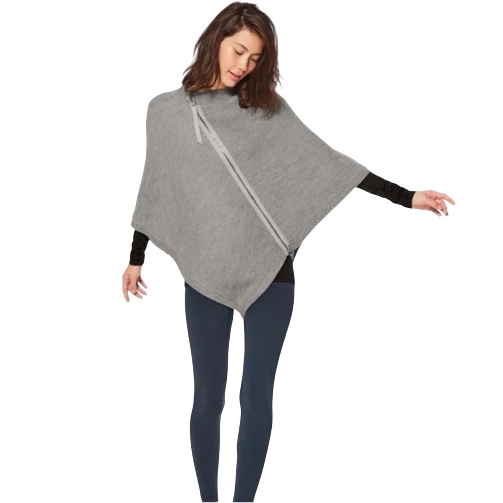 Lululemon Gray 100% Merino Wool Asymmetric Zip Poncho Wrap O/S